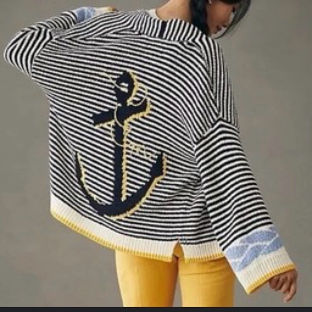 Anthropologie Maeve M/L Portside Nautical Anchor Cardigan Sweater NWT